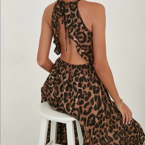 Leopard Animal Exotic Print Ruffle Tie Backless Asymmetrical Hem Halter Dress - Picture 3 of 5